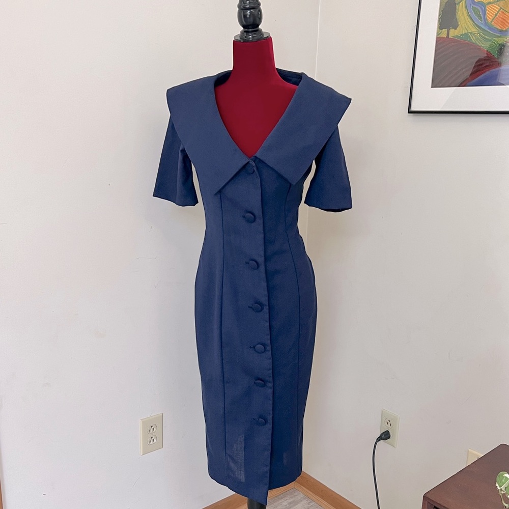 David Mitchell vintage button up navy dress